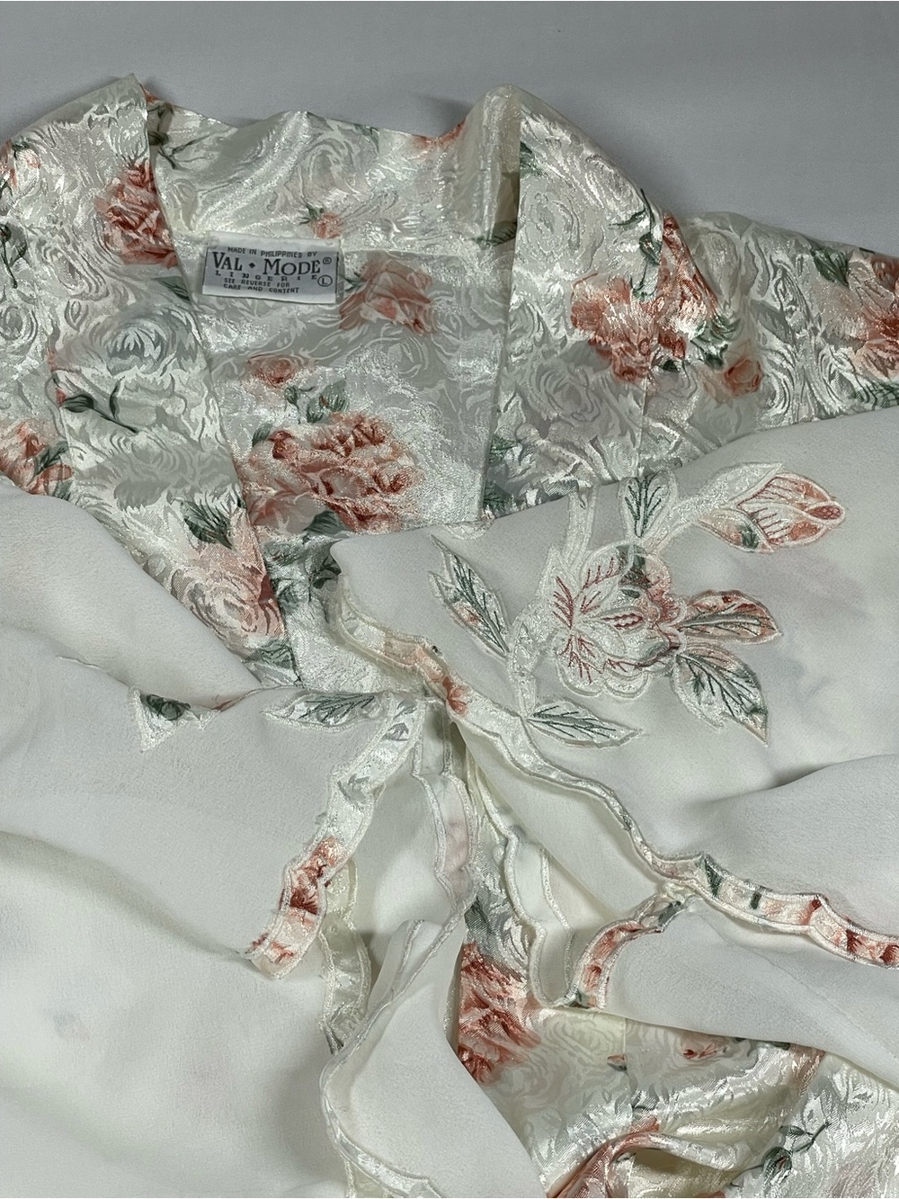 Vintage 80s Val Mode Floral Satin Robe Jacquard Cottagecore Pastel Pink Sz L - Picture 9 of 11